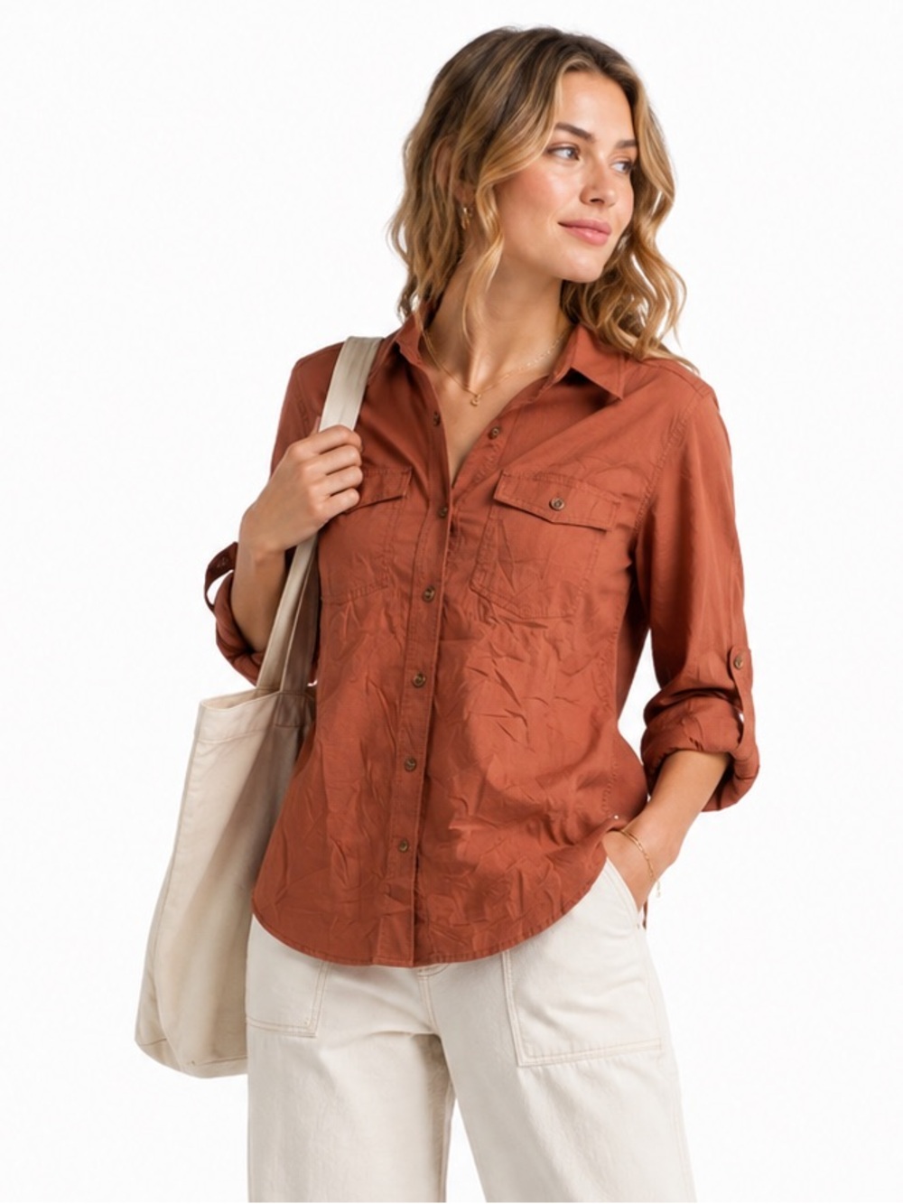 Carhartt Women’s Rust Long Sleeved Button Front Roll Up Sleeves Casual S…